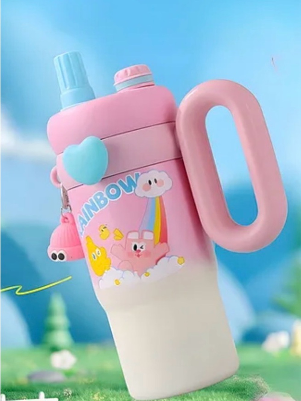 Pink Kids Insulated Water Tumbler with Rainbow Design and Heart Charm